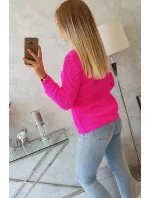Dámský svetr s ažurovým zdobením neonově růžový - Kesi Dámský svetr s ažurovým zdobením neonově růžový - Kesi