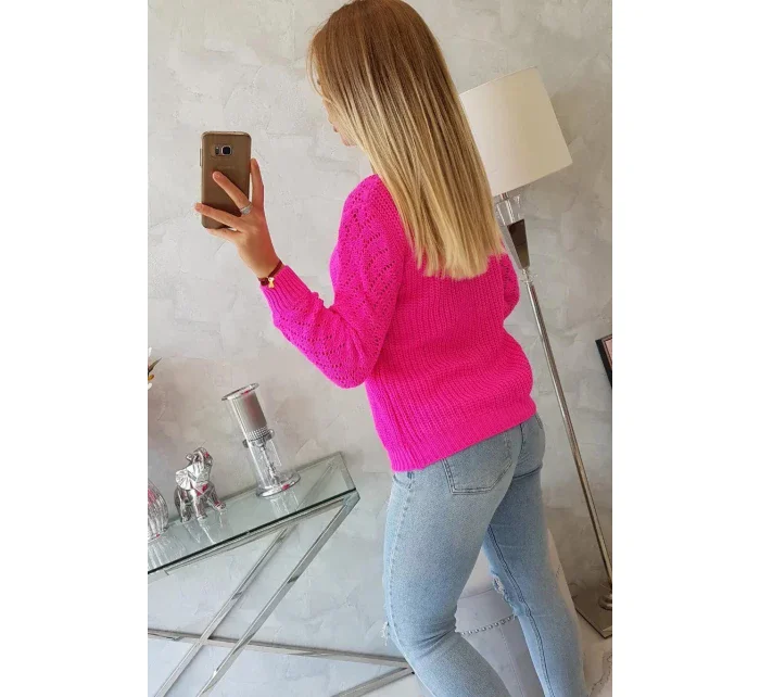 Dámský svetr s ažurovým zdobením neonově růžový - Kesi Dámský svetr s ažurovým zdobením neonově růžový - Kesi