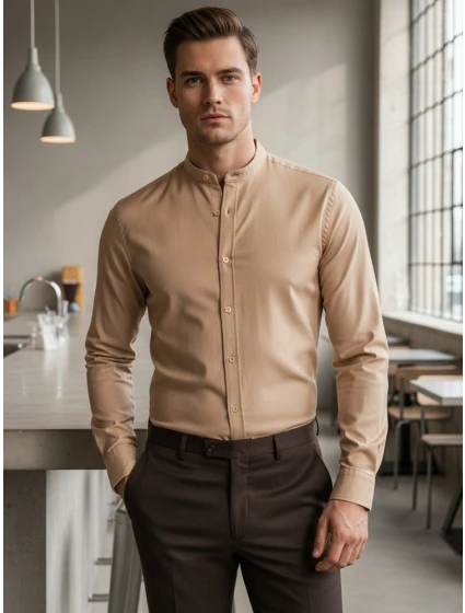 Pánská ležérní béžová košile SLIM FIT se stojáčkem FashionStreet DX2601