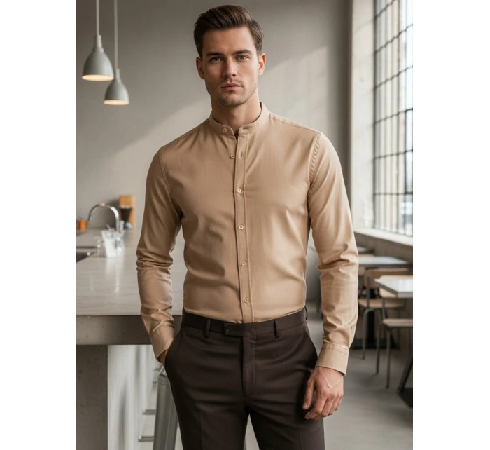 Pánská ležérní béžová košile SLIM FIT se stojáčkem FashionStreet DX2601