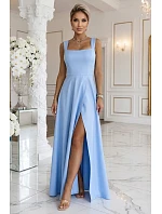 633-4 Dlouhé svatební šaty AURELIA s rozparkem a výstřihem - modré s třpytkami