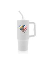 Personalizovaná termoska s barevným víčkem s výřezem fotky na podkladu