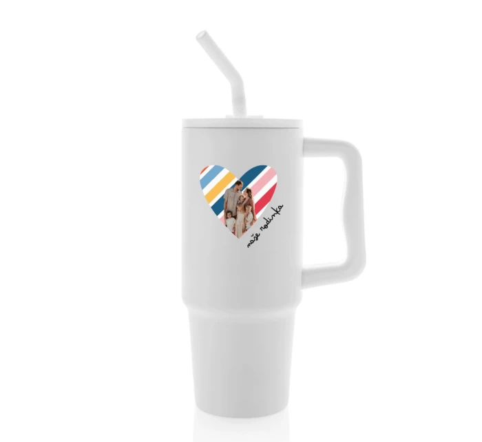 Personalizovaná termoska s barevným víčkem s výřezem fotky na podkladu