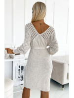 Béžové dámské ažurové svetříkové šaty s výstřihem a zavazováním 507-1