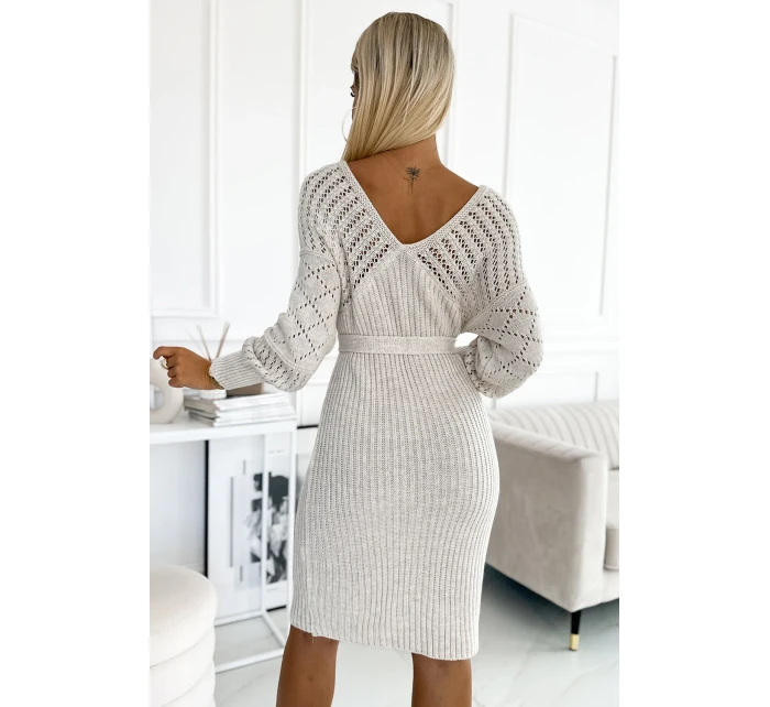 507-1 Ažurové svetrové šaty s výstřihem a vázáním - BEACH