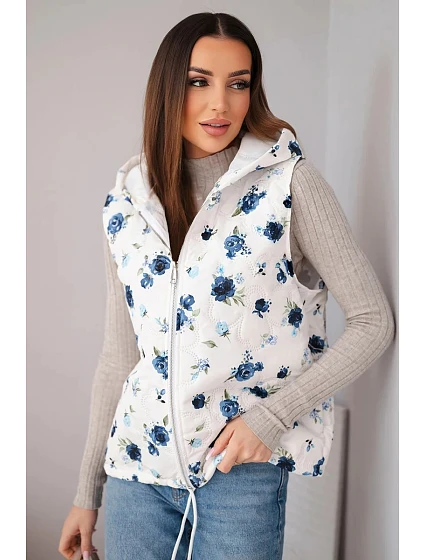 Dámská prošívaná vesta s květinovým vzorem a kapucí námořnická modrá