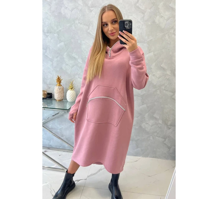 Zateplené šaty s kapucí tmavě růžové