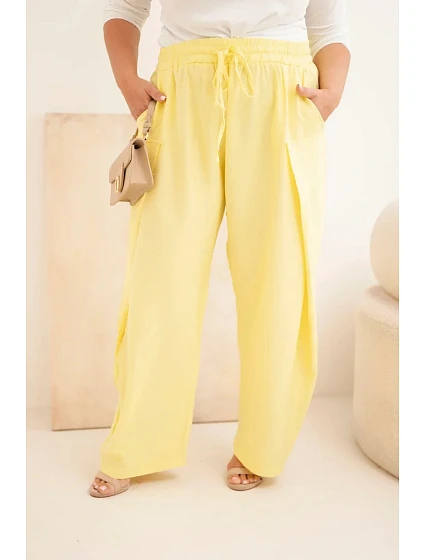 Dámské bavlněné kalhoty Plus Size s gumou v pase žluté Dámské bavlněné kalhoty Plus Size s gumou v pase žluté