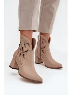 Kožené vzorované boty na podpatku  světle béžové model 21713228 - Zazoo