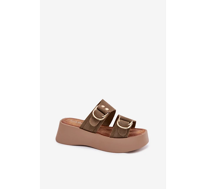 Dámské platformové pantofle se zlatými sponami olivové Nelirae