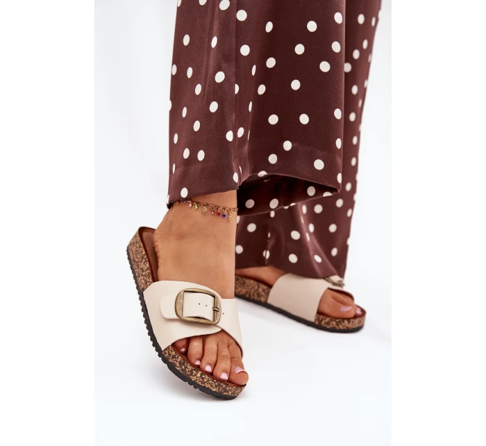 Dámské pantofle na korkové platformě s přezkou – béžové Vianara