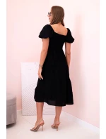 Dámské viskózové šaty s nabíranými rukávy a volánkovým topem černý