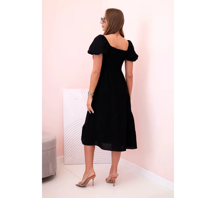 Dámské viskózové šaty s nabíranými rukávy a volánkovým topem černý