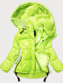 Krátká dámská zimní bunda v neonově žluté barvě s kapucí (JIN211)