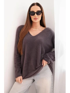 Dámský svetr hnědý z vlny s výstřihem do V hnědý