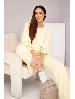 Dámský komplet máslová mikina s broží a kalhoty s rovnými nohavicemi citronový