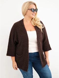 Dámský svetr Plus Size s kapsami bez zapínání hnědý