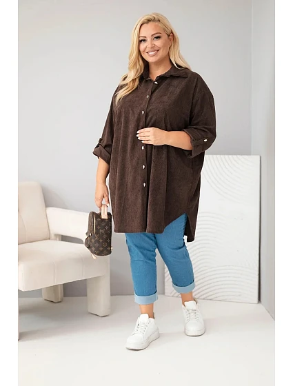 Dámská košile Plus Size z viskózy manšestrová s model 22297048 rukávy hnědá - K-Fashion