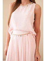 Dámský komplet z viskózy s model 22048797 bez rukávů a širokými kalhotami s ozdobným zakončením pudrově růžová - K-Fashion