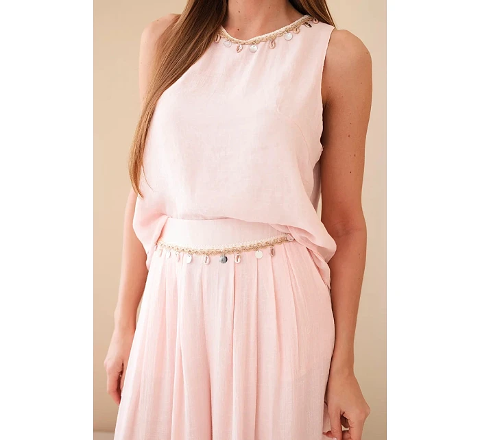 Dámský komplet z viskózy s model 22048797 bez rukávů a širokými kalhotami s ozdobným zakončením pudrově růžová - K-Fashion