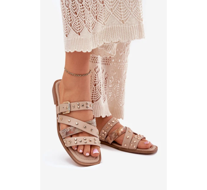 Ozdobené dámské sandály na plochém podpatku se pásky a sponou béžové Manitte Ozdobené dámské sandály na plochém podpatku se pásky a sponou béžové Manitte