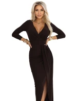 Elegantní dlouhé šaty s obálkovým výstřihem a rozparkem  hnědé model 21720277 - numoco