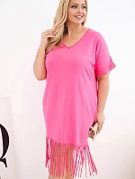 Dámské bavlněné šaty s V výstřihem a třásněmi plus size růžová