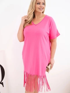 Dámské bavlněné šaty s V výstřihem a třásněmi plus size růžová