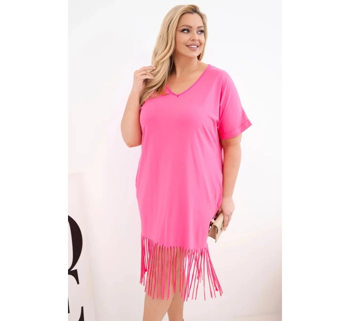 Dámské bavlněné šaty s V výstřihem a třásněmi plus size růžová