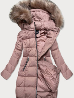 Prošívaná dámská zimní bunda ve starorůžové barvě s kapucí (7702)