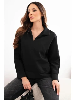 Dámská máslová mikina z viskózy s límečkem a výstřihem do V černá