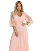Dlouhé třpytivé plus size šaty s výstřihem a rukávy broskvová barva model 21961748 - numoco basic
