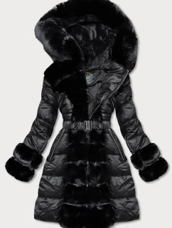 Černá dámská zimní bunda s ozdobnou kožešinou (7729BIG)