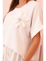 Dámský komplet z viskózy s ozdobným květem a širokými kalhotami - béžový