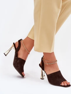 Semišové sandály na jehlovém podpatku se   čokoládové model 21702252 - CheBello