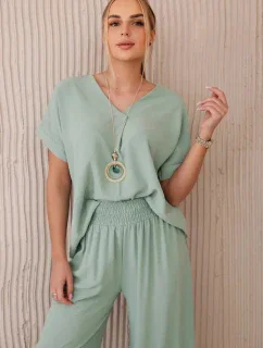 Komplet s náhrdelníkem halenka + kalhoty tmavá máta