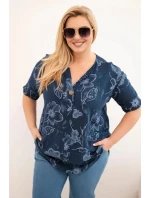 Dámská bavlněná halenka Plus Size s květinovým vzorem námořnická modrá