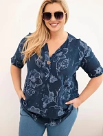 Dámská bavlněná halenka Plus Size s květinovým vzorem námořnická modrá