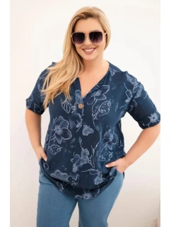 Dámská bavlněná halenka Plus Size s květinovým vzorem námořnická modrá