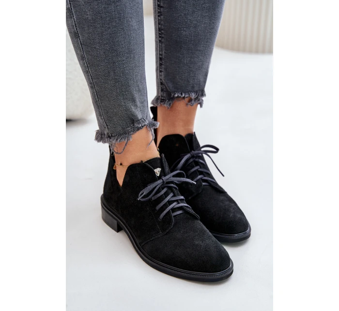 Semišové Polobotky Šněrovací Na Plochém Podpatku Černé model 21670945 - Zazoo