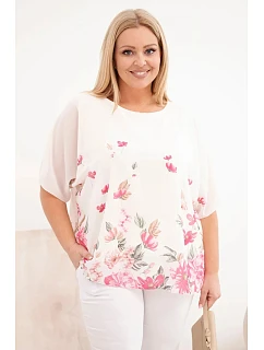 Dámská halenka Plus Size s krátkým rukávem a květinovým potiskem růžová