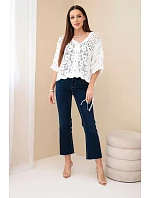 Dámský bavlněný prolamovaný svetr zapínaný na knoflíky s krátkým rukávem bílý