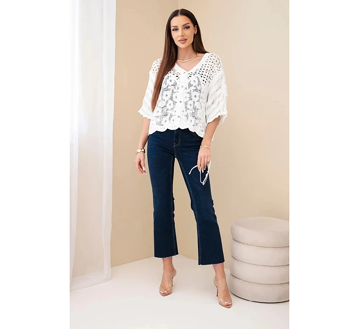 Dámský bavlněný prolamovaný svetr zapínaný na knoflíky s krátkým rukávem bílý