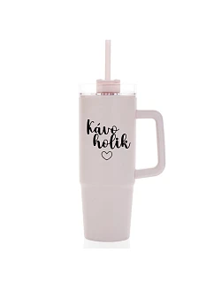 KÁVOHOLIK - růžový cestovní termohrnek s průhledným víčkem 900 ml