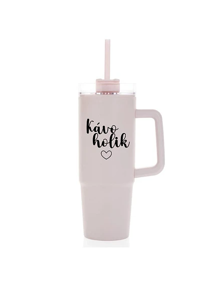 KÁVOHOLIK - růžový cestovní termohrnek s průhledným víčkem 900 ml
