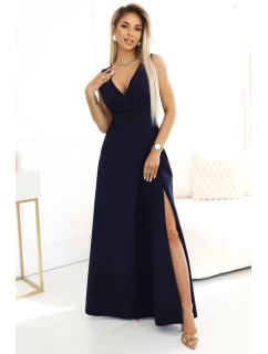elegantní maxi šaty s obálkovým výstřihem a rozparkem na nohou tmavě modré model 21427379 - numoco