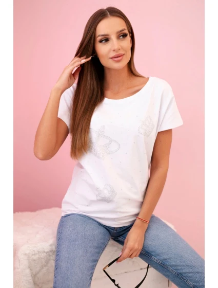 Dámská blůza s krátkým rukávem a zirkony bílá