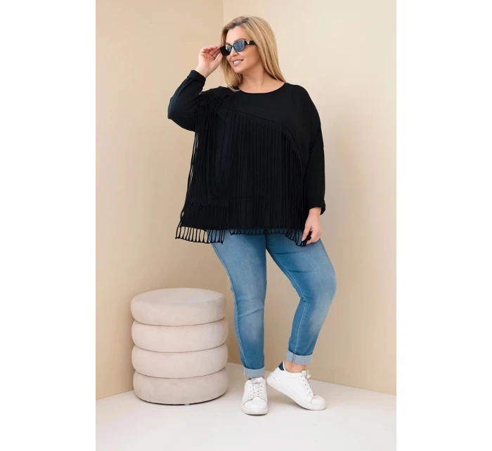 Dámská bavlněná blůza Plus Size s třásněmi černá
