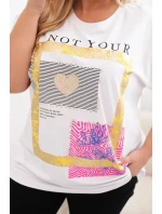 Dámská bavlněná halenka Plus Size se zlatým nápisem bílá + žlutá