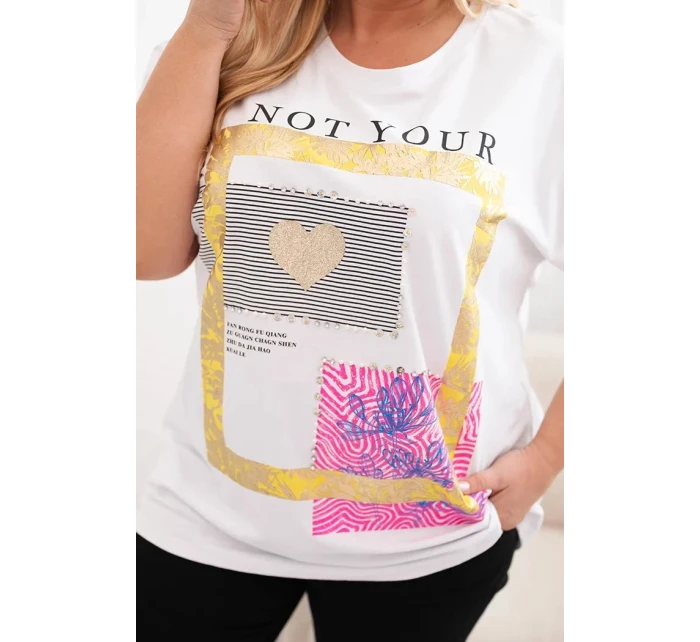 Dámská bavlněná halenka Plus Size se zlatým nápisem bílá + žlutá